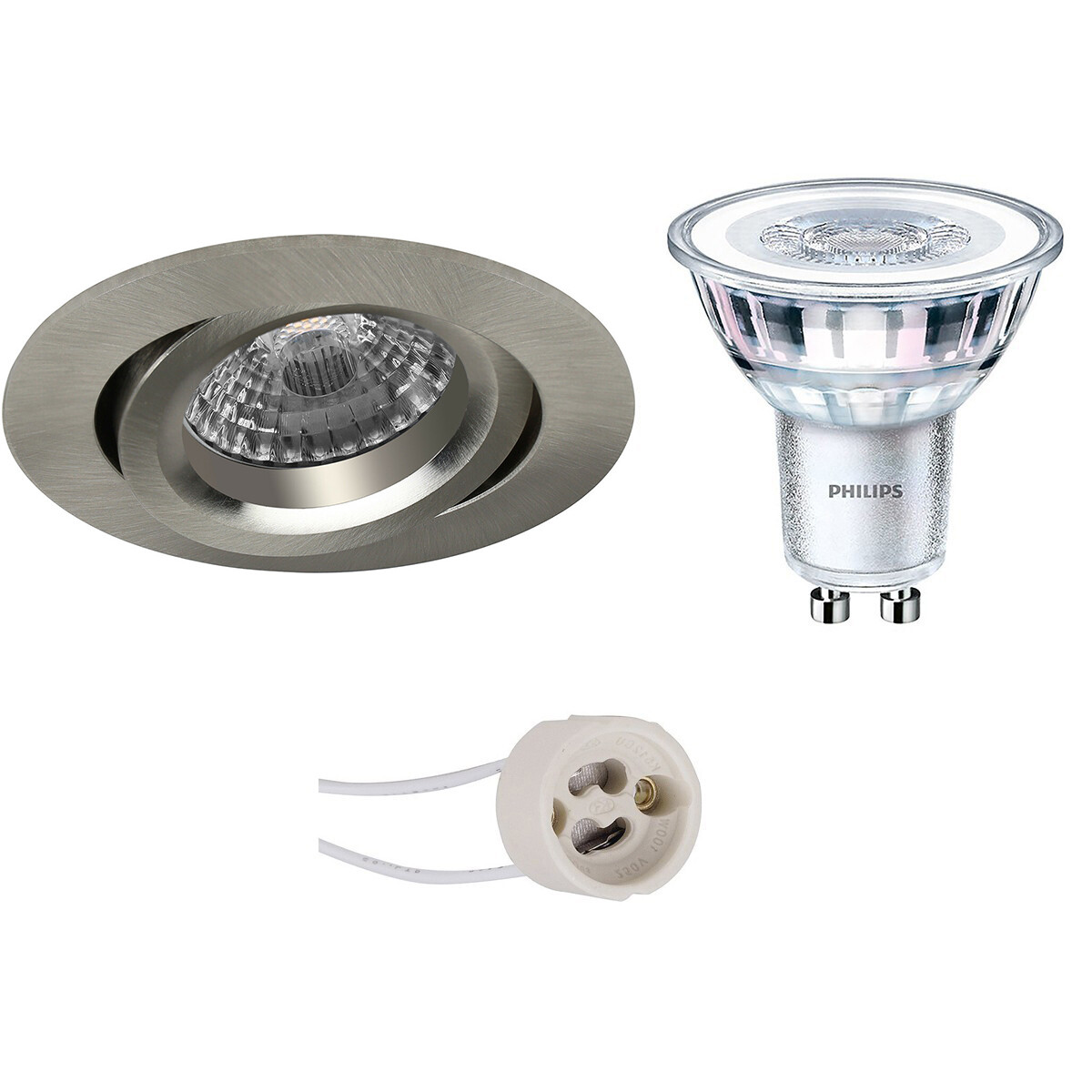 Set de spots LED - Pragmi Aerony Pro - Douille GU10 - Rond Encastré - Mat Nickel - Inclinable - Ø82mm - Philips - CorePro 830 36D - 3.5W - Blanc Chaud 3000K