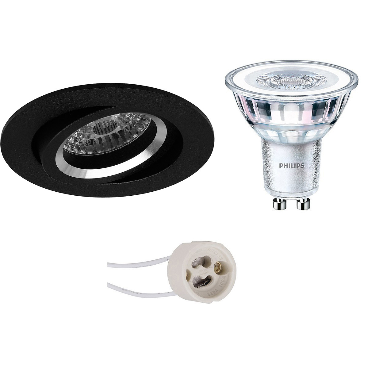 Set de spots LED - Pragmi Aerony Pro - Douille GU10 - Rond Encastré - Mat Noir - Inclinable - Ø82mm - Philips - CorePro 830 36D - 3.5W - Blanc Chaud 3000K