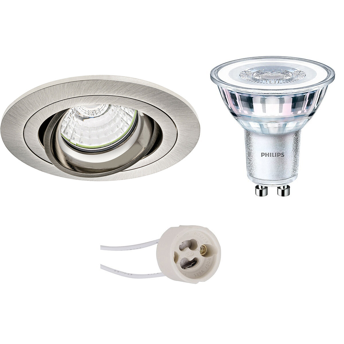 Set de spots LED - Pragmi Alpin Pro - Douille GU10 - Rond Encastré - Mat Nickel - Inclinable - Ø92mm - Philips - CorePro 827 36D - 3.5W - Blanc Chaud 2700K