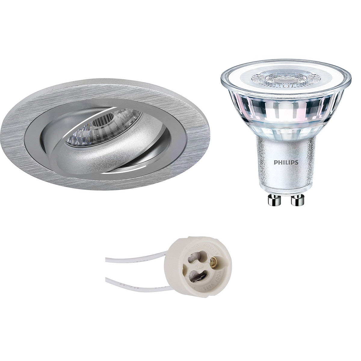 Set de spots LED - Pragmi Alpin Pro - Douille GU10 - Rond Encastré - Mat Argent - Inclinable Ø92mm - Philips - CorePro 827 36D - 5W - Blanc Chaud 2700K - Dimmable