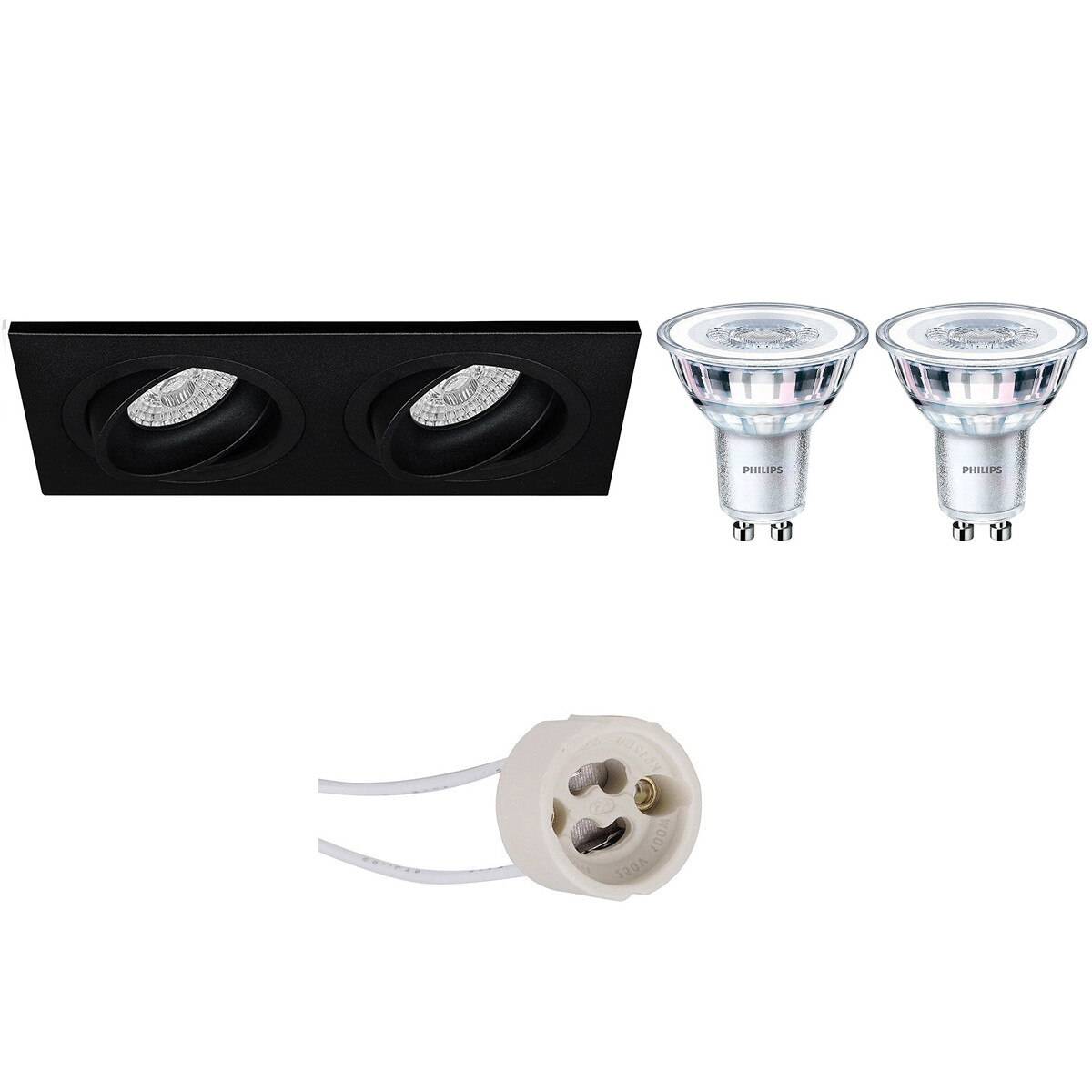 Set de spots LED - Pragmi Borny Pro - Douille GU10 - Double Rectangulaire Encastré - Mat Noir - Inclinable - 175x92mm - Philips - CorePro 827 36D - 3.5W - Blanc Chaud 2700K