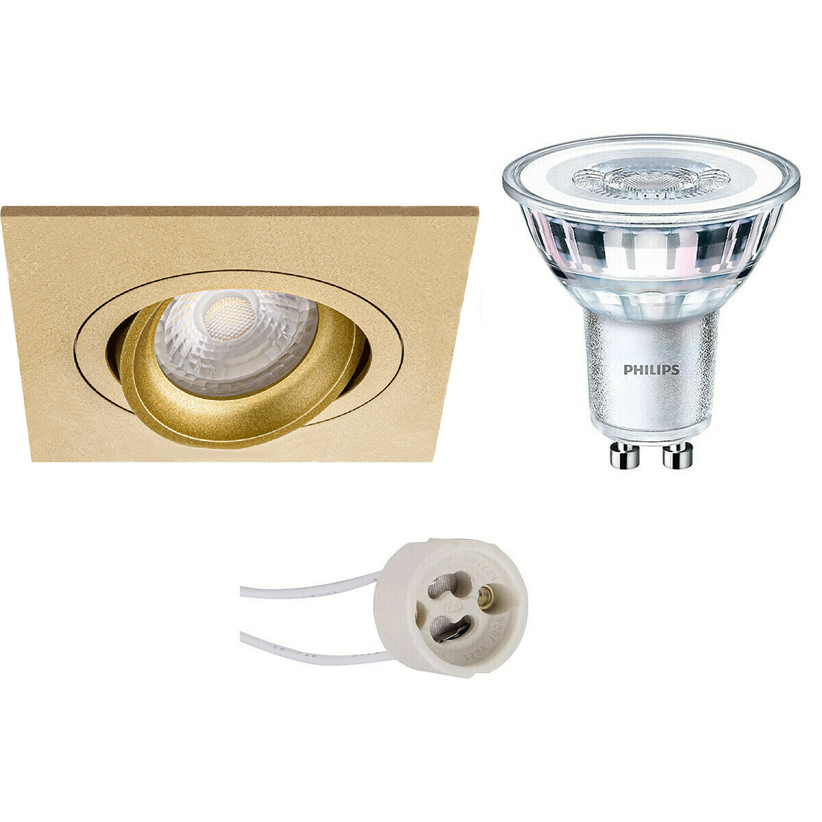 Set de spots LED - Pragmi Borny Pro - Douille GU10 - Carré Encastré - Mat Or - Inclinable - 92mm - Philips - CorePro 827 36D - 3.5W - Blanc Chaud 2700K