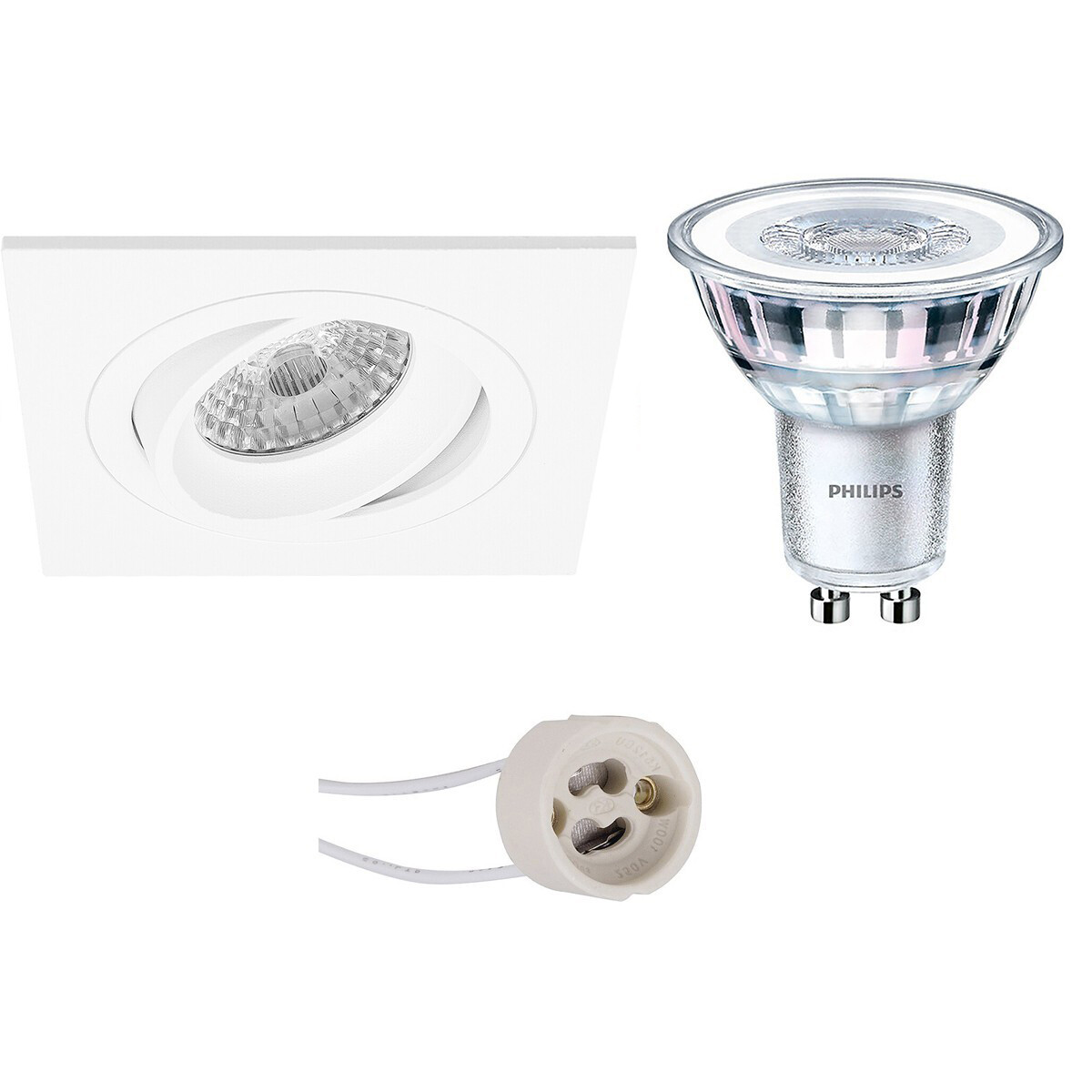 Set de spots LED - Pragmi Borny Pro - Douille GU10 - Carré Encastré - Mat Blanc - Inclinable - 92mm - Philips - CorePro 827 36D - 3.5W - Blanc Chaud 2700K