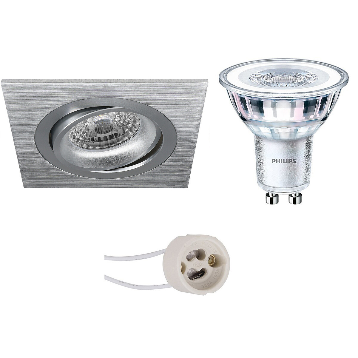 Set de spots LED - Pragmi Borny Pro - Douille GU10 - Carré Encastré - Mat Argent - Inclinable - 92mm - Philips - CorePro 827 36D - 3.5W - Blanc Chaud 2700K