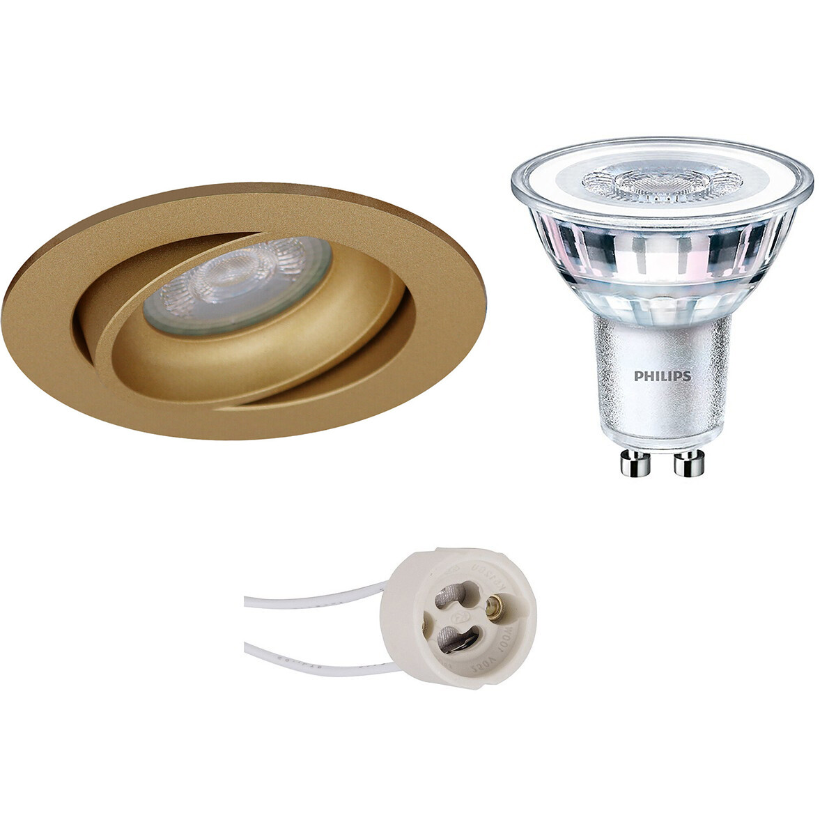 Set de spots LED - Pragmi Delton Pro - Douille GU10 - Rond Encastré - Mat Or - Inclinable - Ø82mm - Philips - CorePro 840 36D - 5W - Blanc Neutre 4000K - Dimmable