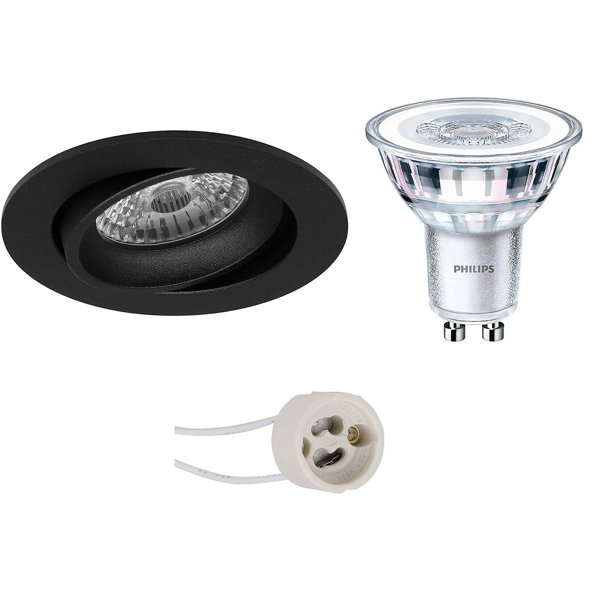 Set de spots LED - Pragmi Delton Pro - Douille GU10 - Rond Encastré - Mat Noir - Inclinable - Ø82mm - Philips - CorePro 830 36D - 3.5W - Blanc Chaud 3000K