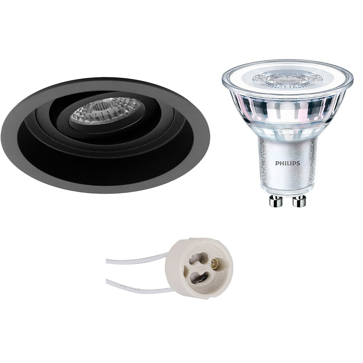 Set de spots LED - Pragmi Domy Pro - Douille GU10 - Rond Encastré - Mat Noir - Encastré - Inclinable - Ø105mm - Philips - CorePro 827 36D - 3.5W - Blanc Chaud 2700K