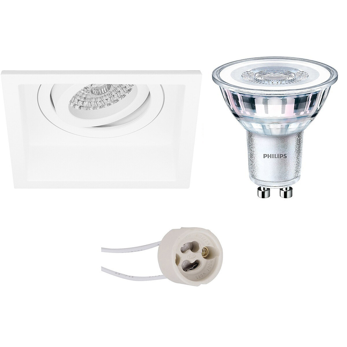 Set de spots LED - Pragmi Domy Pro - Douille GU10 - Carré Encastré - Mat Blanc - Encastré - Inclinable - 105mm - Philips - CorePro 830 36D - 3.5W - Blanc Chaud 3000K