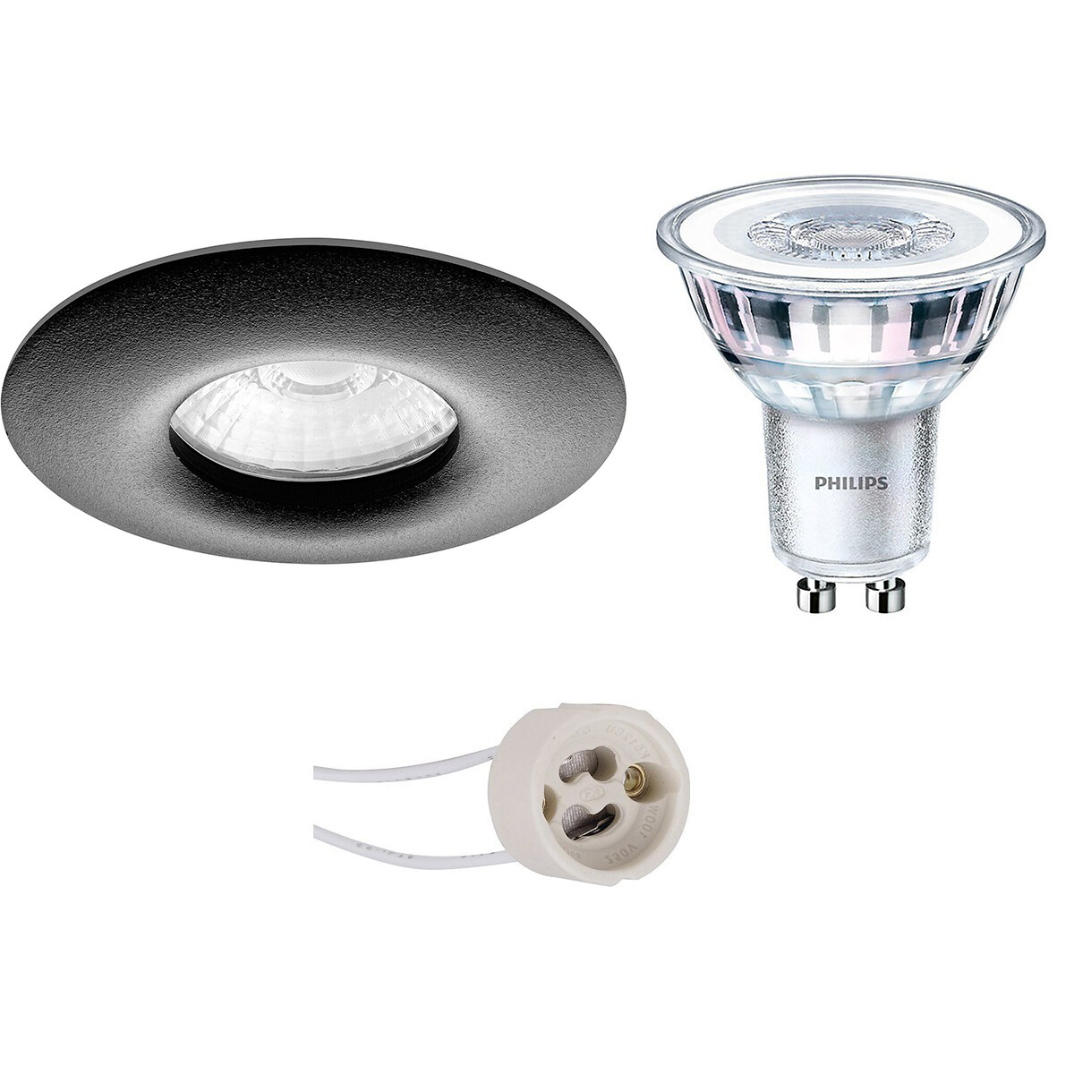 Set de spots LED - Pragmi Luno Pro - Étanche IP65 - Douille GU10 - Rond Encastré - Mat Noir - Ø82mm - Philips - CorePro 830 36D - 3.5W - Blanc Chaud 3000K