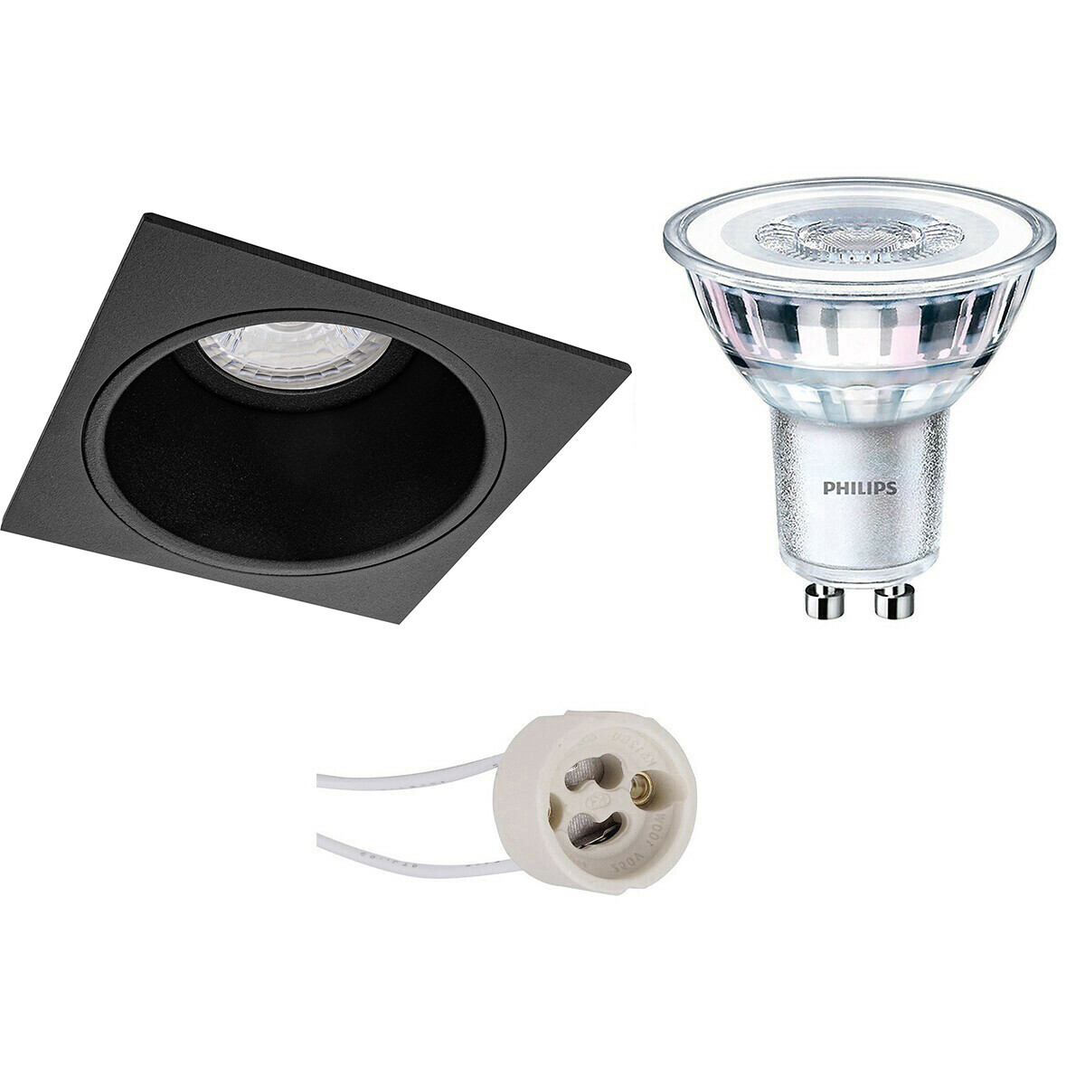 Set de spots LED - Pragmi Minko Pro - Douille GU10 - Carré Encastré - Mat Noir - Encastré - 90mm - Philips - CorePro 827 36D - 4.6W - Blanc Chaud 2700K