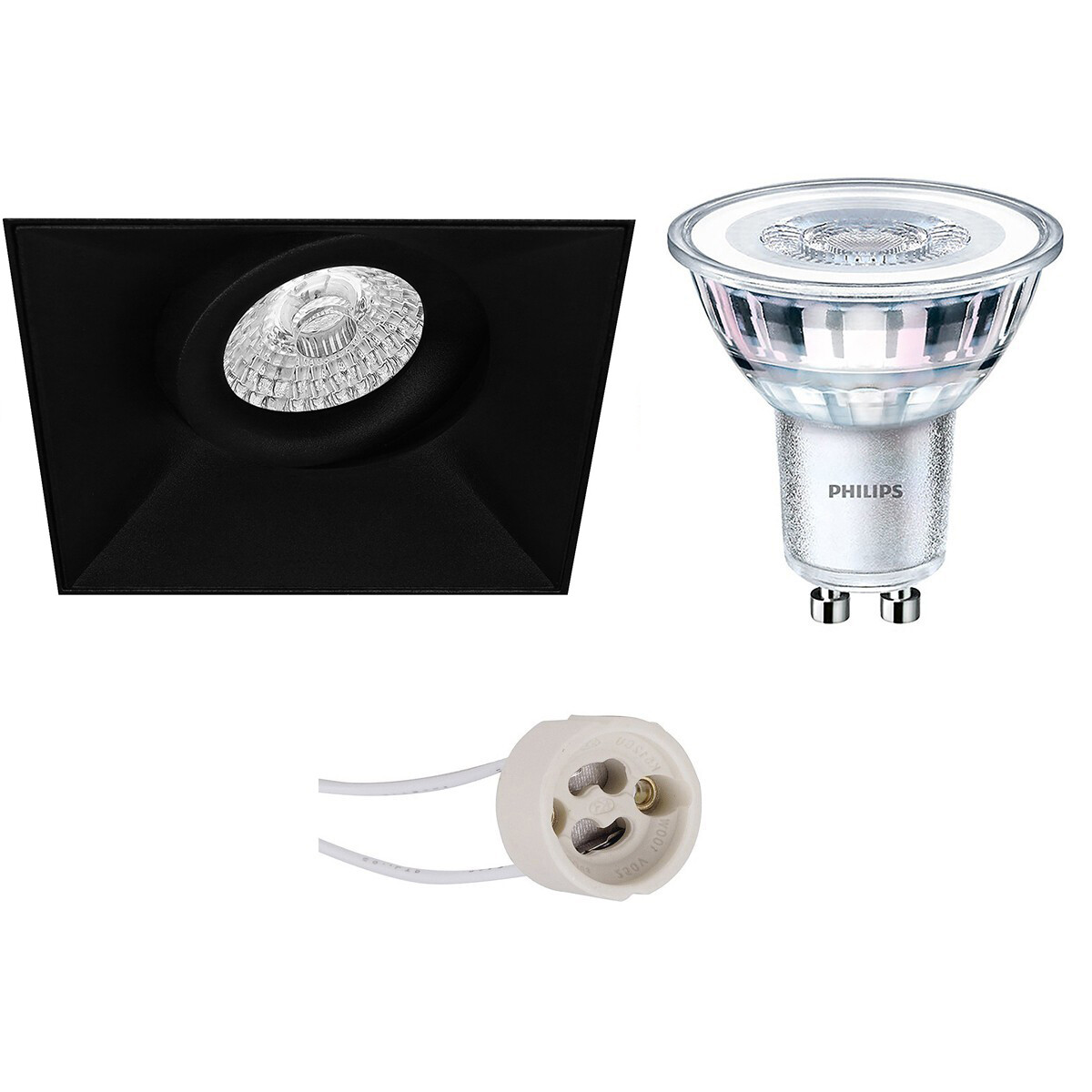 Set de spots LED - Pragmi Nivas Pro - Douille GU10 - Carré Encastré - Mat Noir - Sans Cadre - Inclinable - 150mm - Philips - CorePro 830 36D - 3.5W - Blanc Chaud 3000K