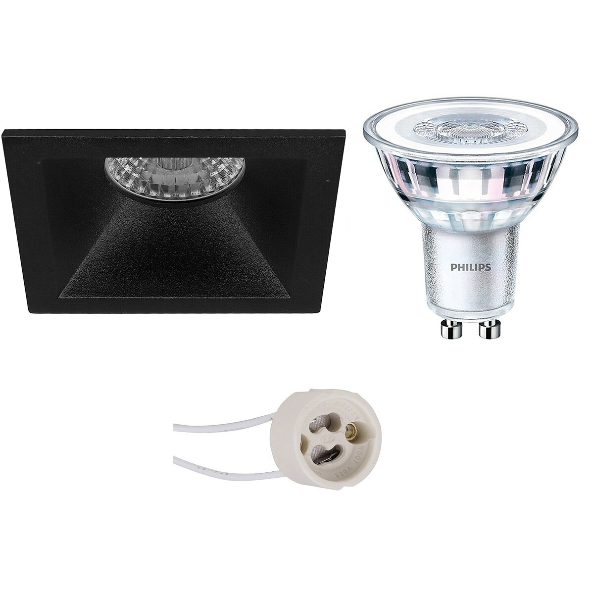 Set de spots LED - Pragmi Pollon Pro - Douille GU10 - Carré Encastré - Mat Noir - Encastré - 82mm - Philips - CorePro 830 36D - 3.5W - Blanc Chaud 3000K