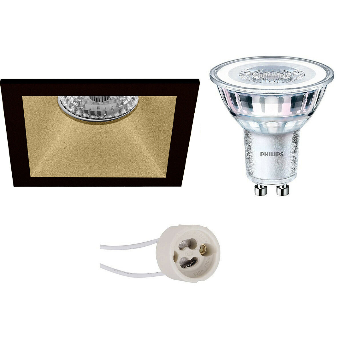 Set de spots LED - Pragmi Pollon Pro - Douille GU10 - Carré Encastré - Mat Noir/Or - Encastré - 82mm - Philips - CorePro 827 36D - 4.6W - Blanc Chaud 2700K