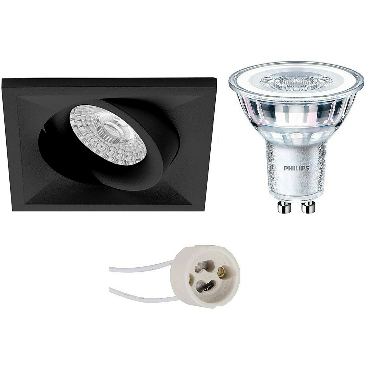 Set de spots LED - Pragmi Qiundo Pro - Douille GU10 - Carré Encastré - Mat Noir - Inclinable - 80mm - Philips - CorePro 827 36D - 3.5W - Blanc Chaud 2700K