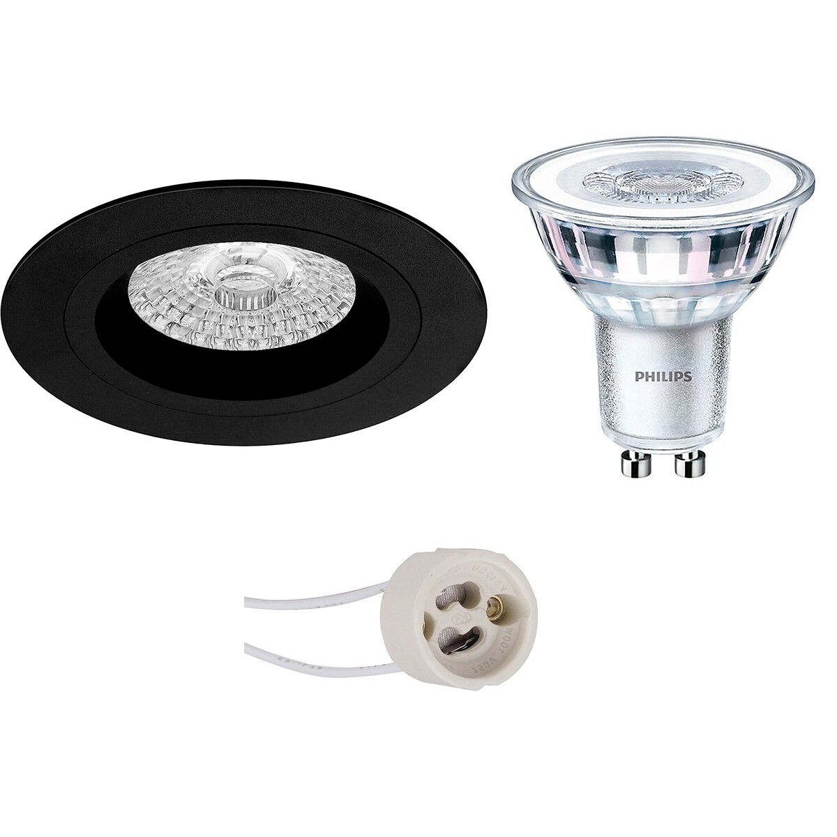 Set de spots LED - Pragmi Rodos Pro - Douille GU10 - Rond Encastré - Mat Noir - Ø93mm - Philips - CorePro 827 36D - 3.5W - Blanc Chaud 2700K