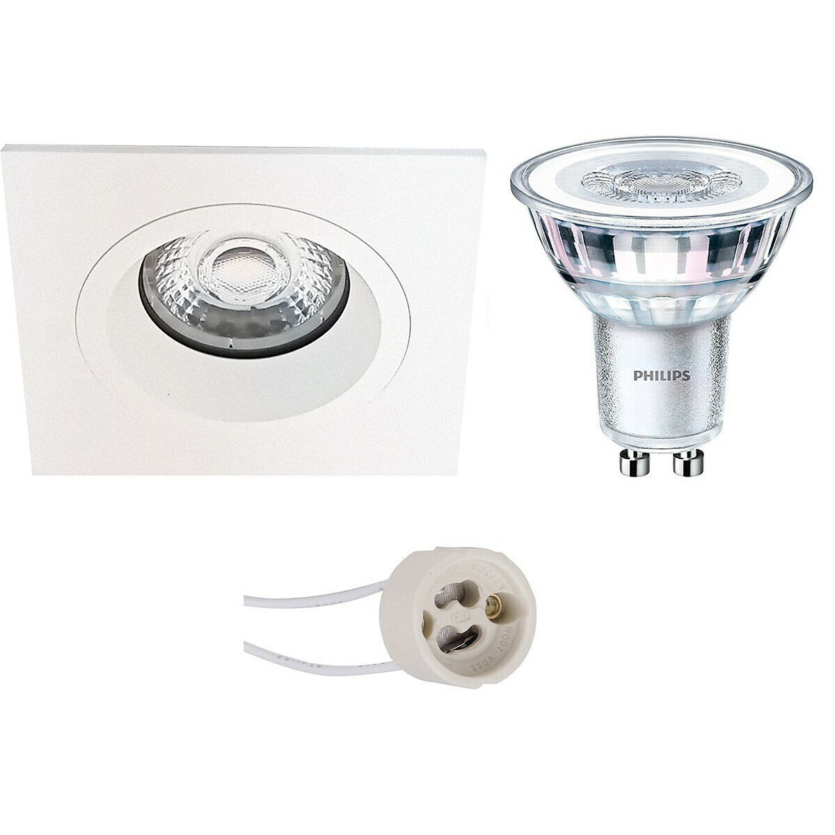 Set de spots LED - Pragmi Rodos Pro - Douille GU10 - Carré Encastré - Mat Blanc - 93mm - Philips - CorePro 830 36D - 3.5W - Blanc Chaud 3000K