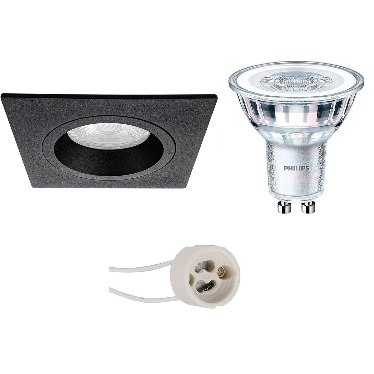 Set de spots LED - Pragmi Rodos Pro - Douille GU10 - Carré Encastré - Mat Noir - 93mm - Philips - CorePro 827 36D - 3.5W - Blanc Chaud 2700K