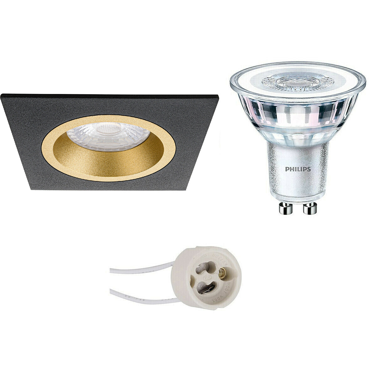 Set de spots LED - Pragmi Rodos Pro - Douille GU10 - Carré Encastré - Mat Noir/Or - 93mm - Philips - CorePro 827 36D - 3.5W - Blanc Chaud 2700K