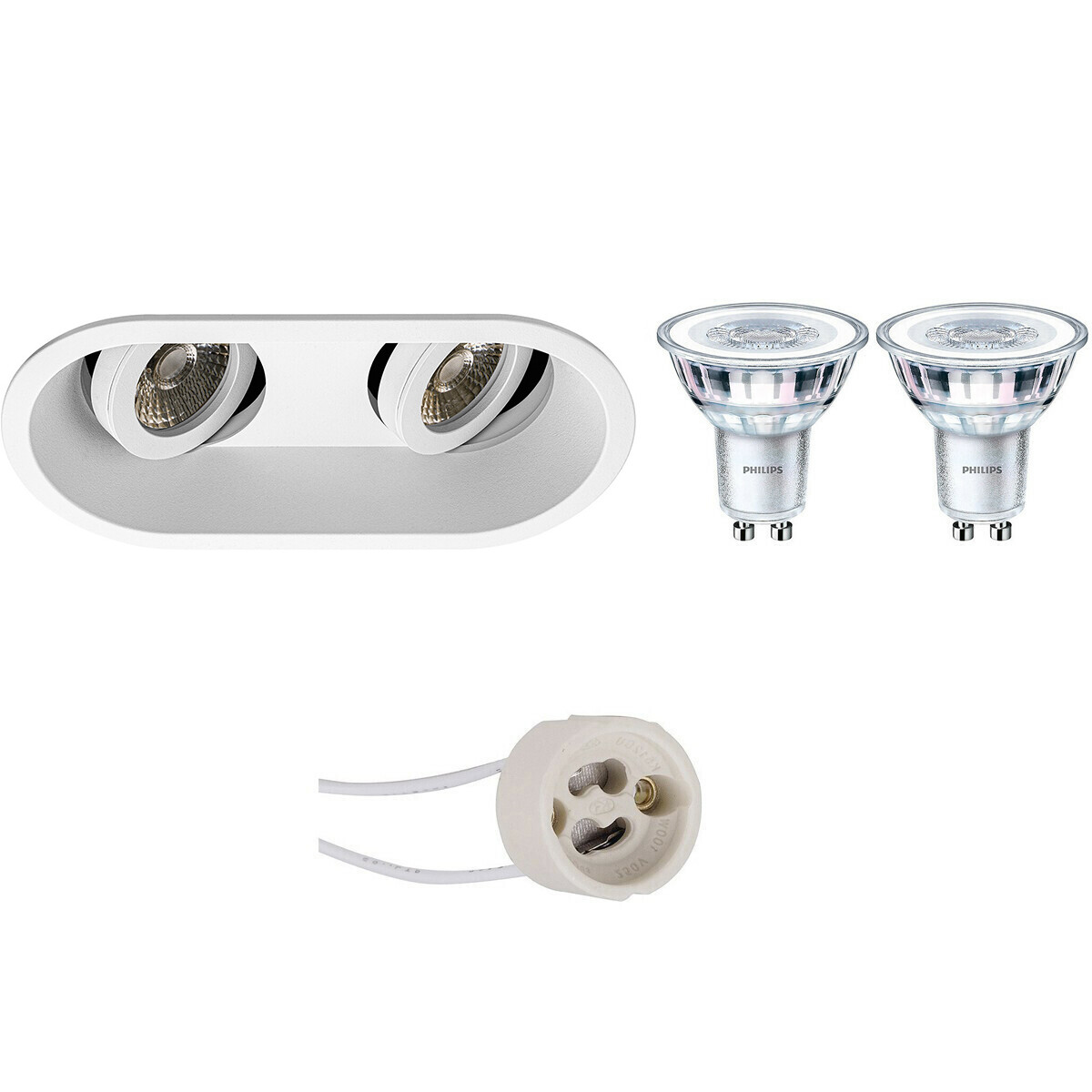 Set de spots LED - Pragmi Zano Pro - Douille GU10 - Double Ovale Encastré - Mat Blanc - Inclinable - 185x93mm - Philips - CorePro 830 36D - 3W - Blanc Chaud 3000K - Dimmable