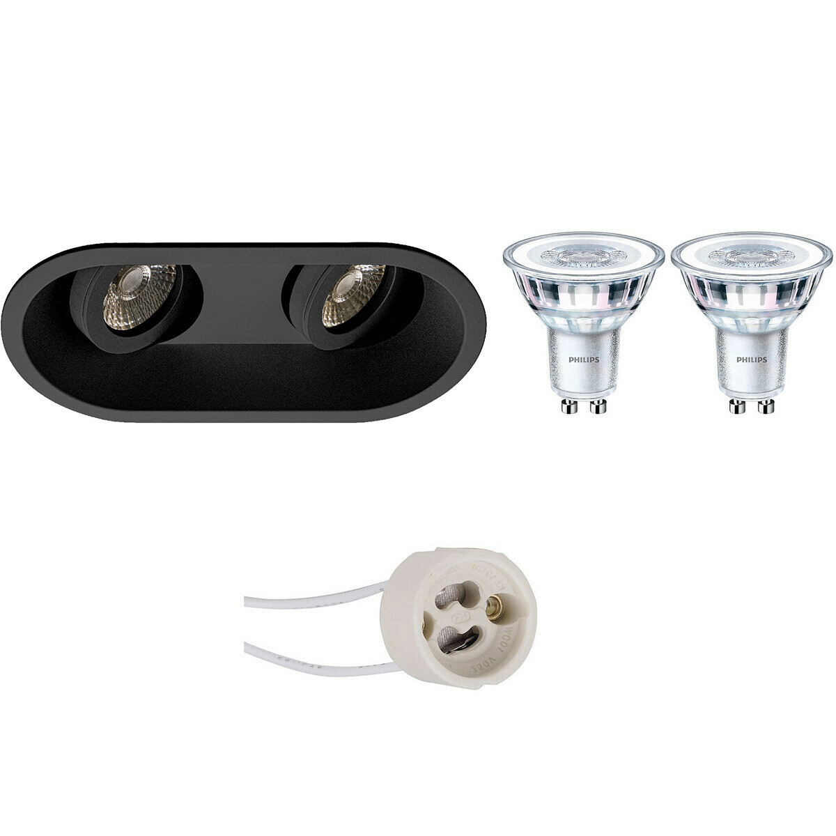 Set de spots LED - Pragmi Zano Pro - Douille GU10 - Double Ovale Encastré - Mat Noir - Inclinable - 185x93mm - Philips - CorePro 827 36D - 3.5W - Blanc Chaud 2700K