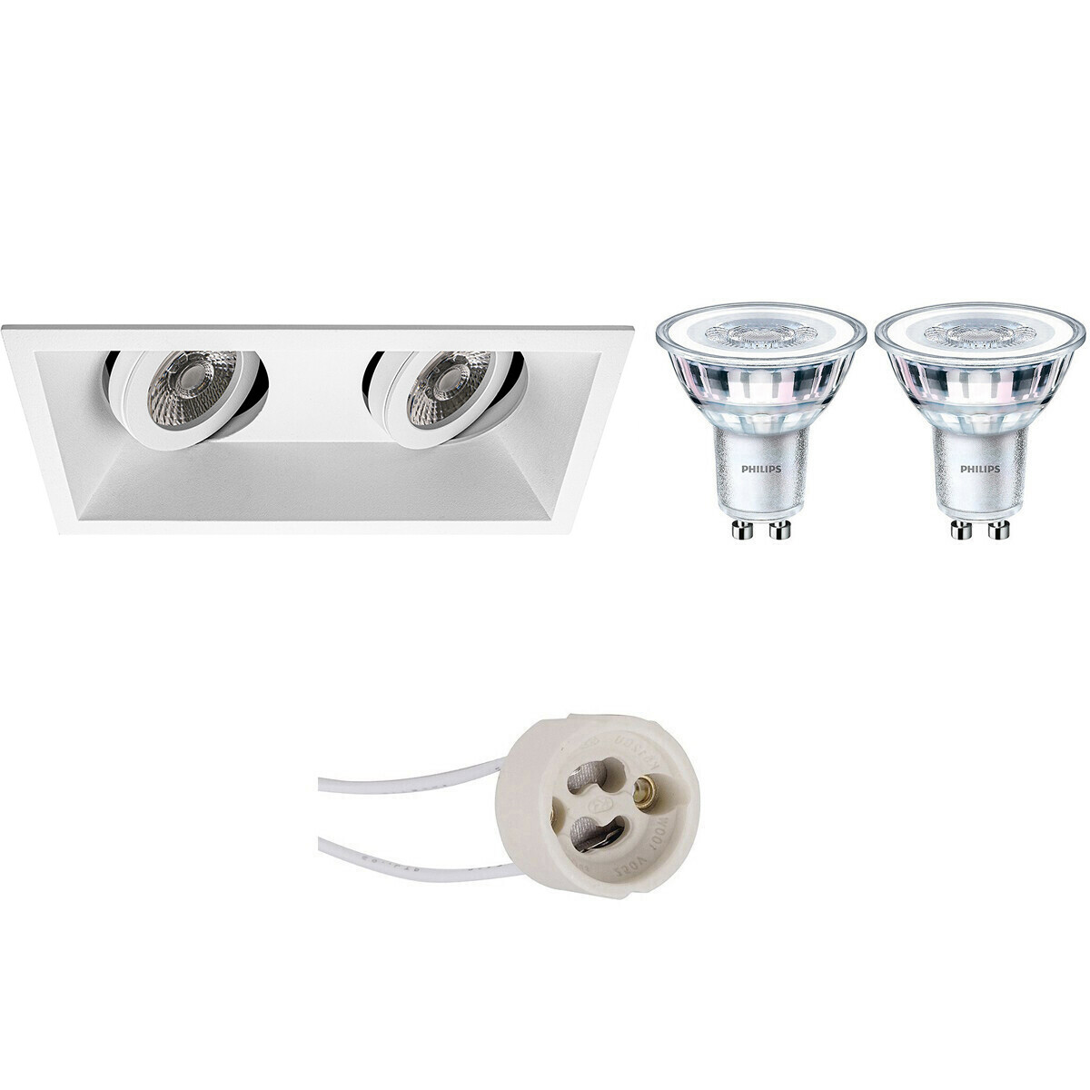 Set de spots LED - Pragmi Zano Pro - Douille GU10 - Double Rectangulaire Encastré - Mat Blanc - Inclinable - 185x93mm - Philips - CorePro 827 36D - 4W - Blanc Très Chaud 2700K - Dimmable