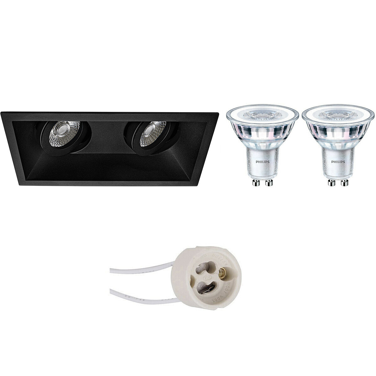 Set de spots LED - Pragmi Zano Pro - Douille GU10 - Double Rectangulaire Encastré - Mat Noir - Inclinable - 185x93mm - Philips - CorePro 840 36D - 5W - Blanc Neutre 4000K - Dimmable