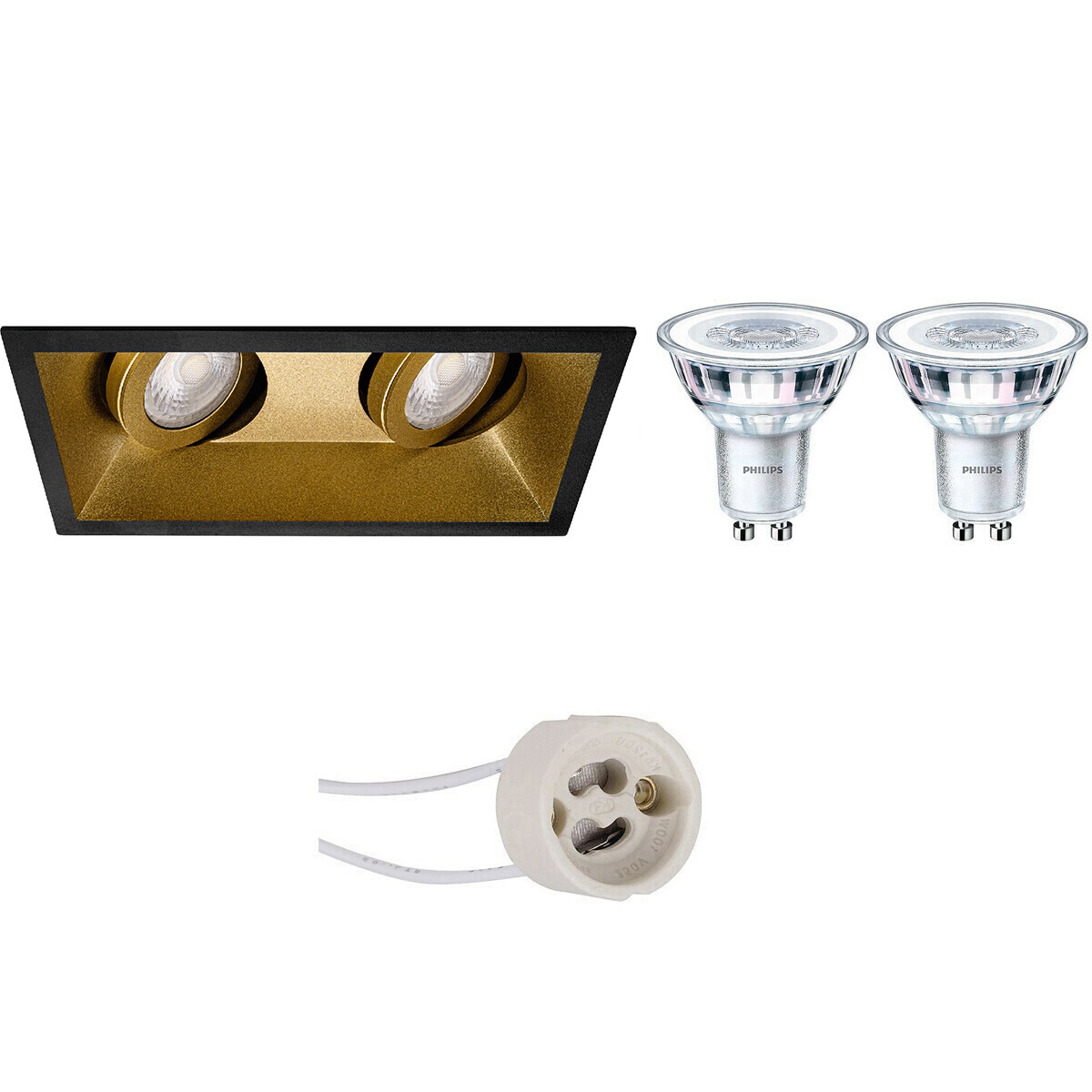 Set de spots LED - Pragmi Zano Pro - Douille GU10 - Double Rectangulaire Encastré - Mat Noir/Or - Inclinable - 185x93mm - Philips - CorePro 827 36D - 4.6W - Blanc Chaud 2700K