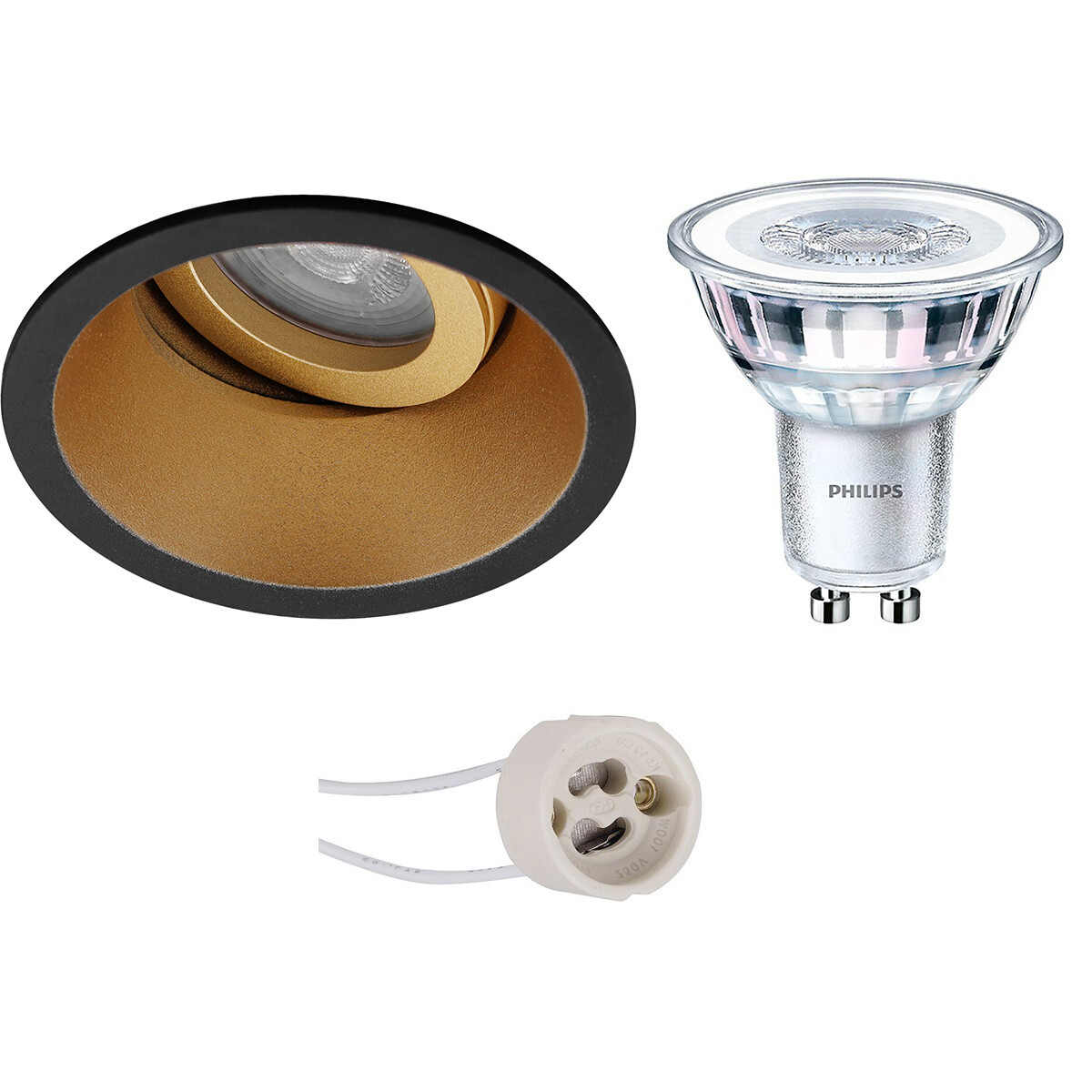 Set de spots LED - Pragmi Zano Pro - Douille GU10 - Rond Encastré - Mat Noir/Or - Inclinable - Ø93mm - Philips - CorePro 827 36D - 3.5W - Blanc Chaud 2700K