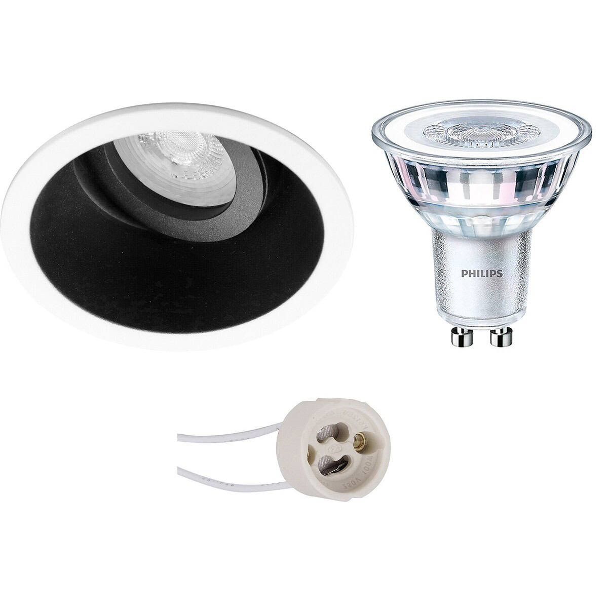 Set de spots LED - Pragmi Zano Pro - Douille GU10 - Rond Encastré - Mat Noir/Blanc - Inclinable - Ø93mm - Philips - CorePro 827 36D - 3.5W - Blanc Chaud 2700K