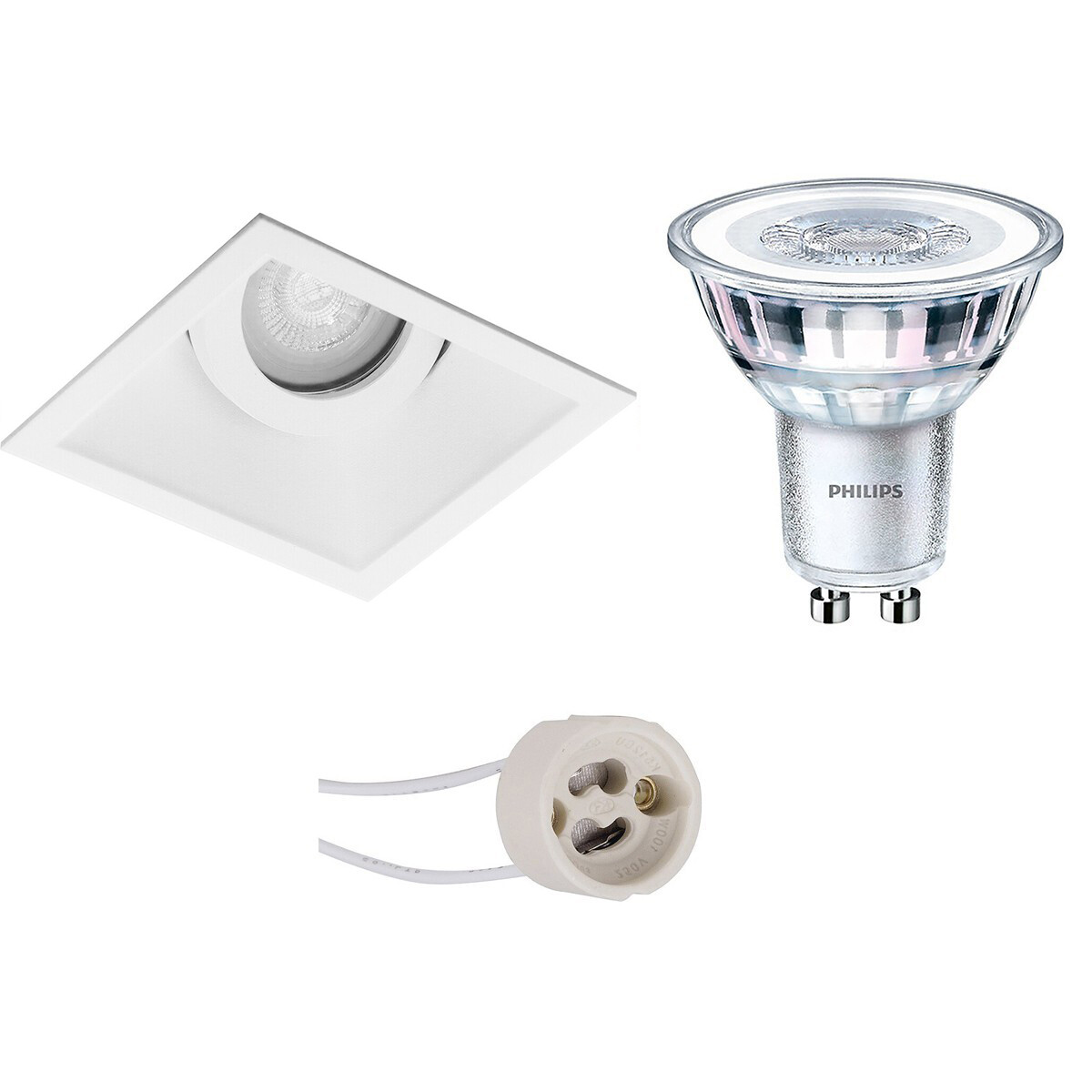 Set de spots LED - Pragmi Zano Pro - Douille GU10 - Carré Encastré - Mat Blanc - Inclinable - 93mm - Philips - CorePro 827 36D - 3.5W - Blanc Chaud 2700K