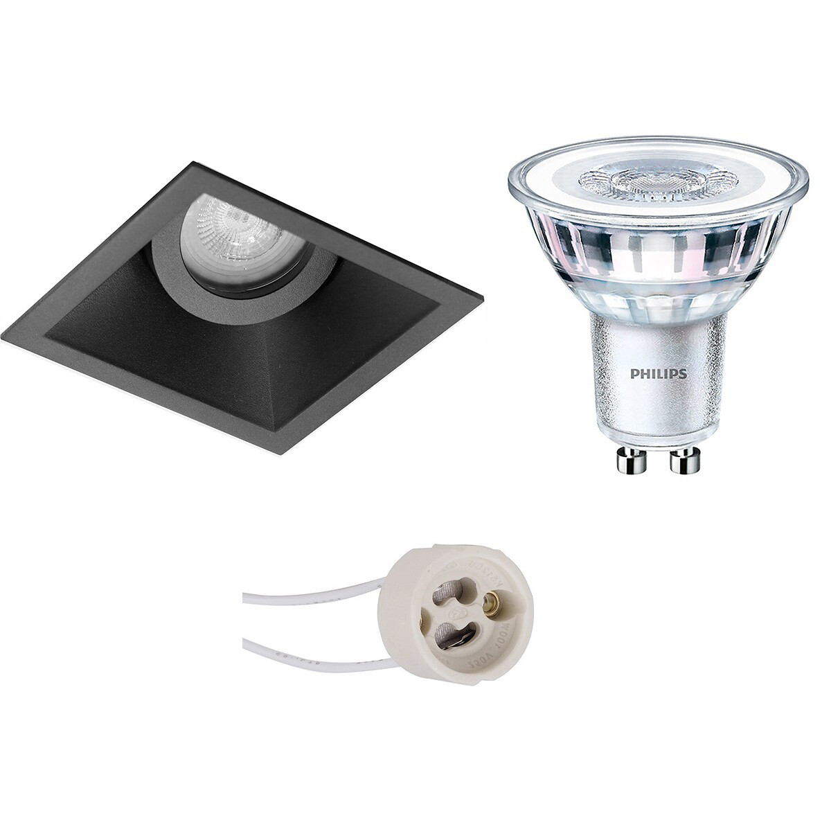 Set de spots LED - Pragmi Zano Pro - Douille GU10 - Carré Encastré - Mat Noir - Inclinable - 93mm - Philips - CorePro 827 36D - 3.5W - Blanc Chaud 2700K