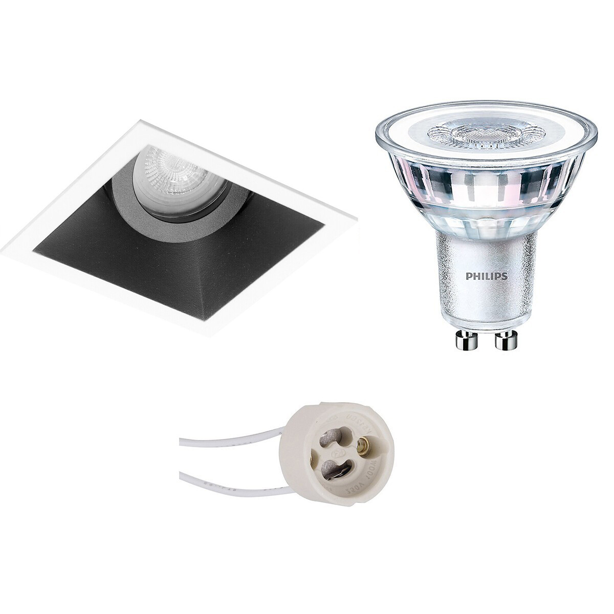 Set de spots LED - Pragmi Zano Pro - Douille GU10 - Carré Encastré - Mat Noir/Blanc - Inclinable - 93mm - Philips - CorePro 827 36D - 3.5W - Blanc Chaud 2700K