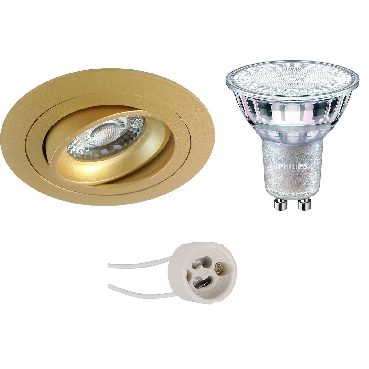 Set de spots LED - Pragmi Alpin Pro - Douille GU10 - Rond Encastré - Mat Or - Inclinable - Ø92mm - Philips - MASTER 927 36D VLE - 3.7W - Blanc Chaud 2200K-2700K - DimTone Dimmable