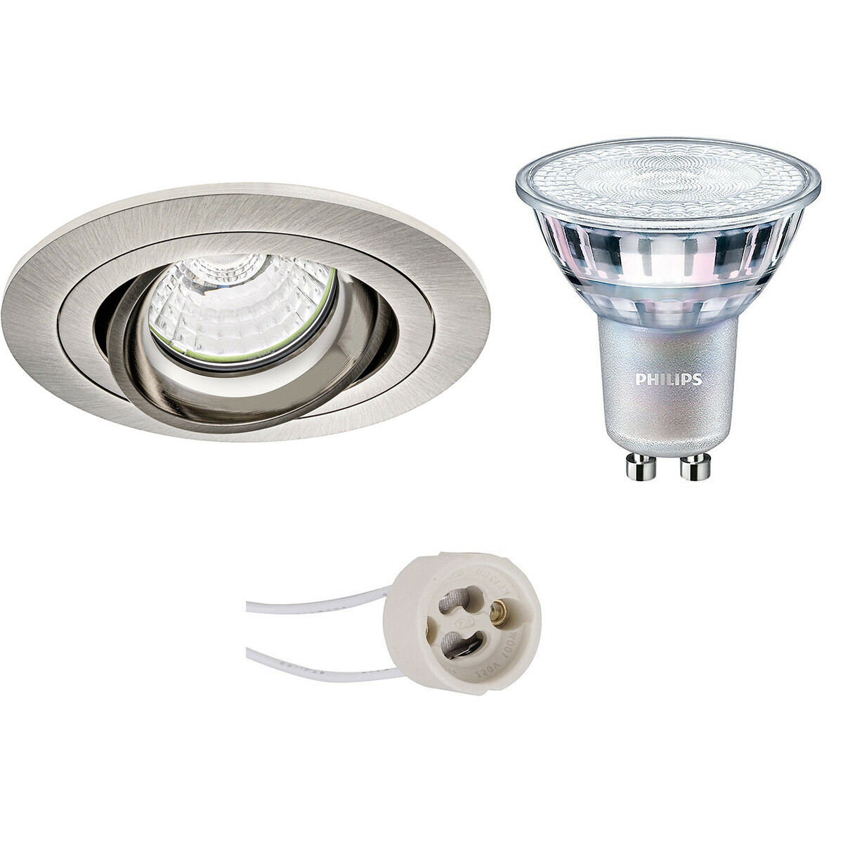 Set de spots LED - Pragmi Alpin Pro - Douille GU10 - Rond Encastré - Mat Nickel - Inclinable - Ø92mm - Philips - MASTER 927 36D VLE - 3.7W - Blanc Chaud 2200K-2700K - DimTone Dimmable