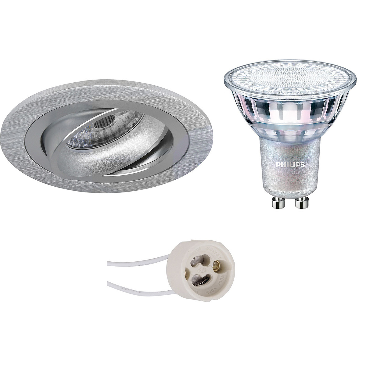 Set de spots LED - Pragmi Alpin Pro - Douille GU10 - Rond Encastré - Mat Argent - Inclinable Ø92mm - Philips - MASTER 927 36D VLE - 3.7W - Blanc Chaud 2200K-2700K - DimTone Dimmable