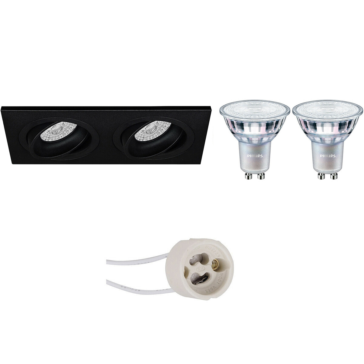 Set de spots LED - Pragmi Borny Pro - Douille GU10 - Double Rectangulaire Encastré - Mat Noir - Inclinable - 175x92mm - Philips - MASTER 927 36D VLE - 3.7W - Blanc Chaud 2200K-2700K - DimTone Dimmable