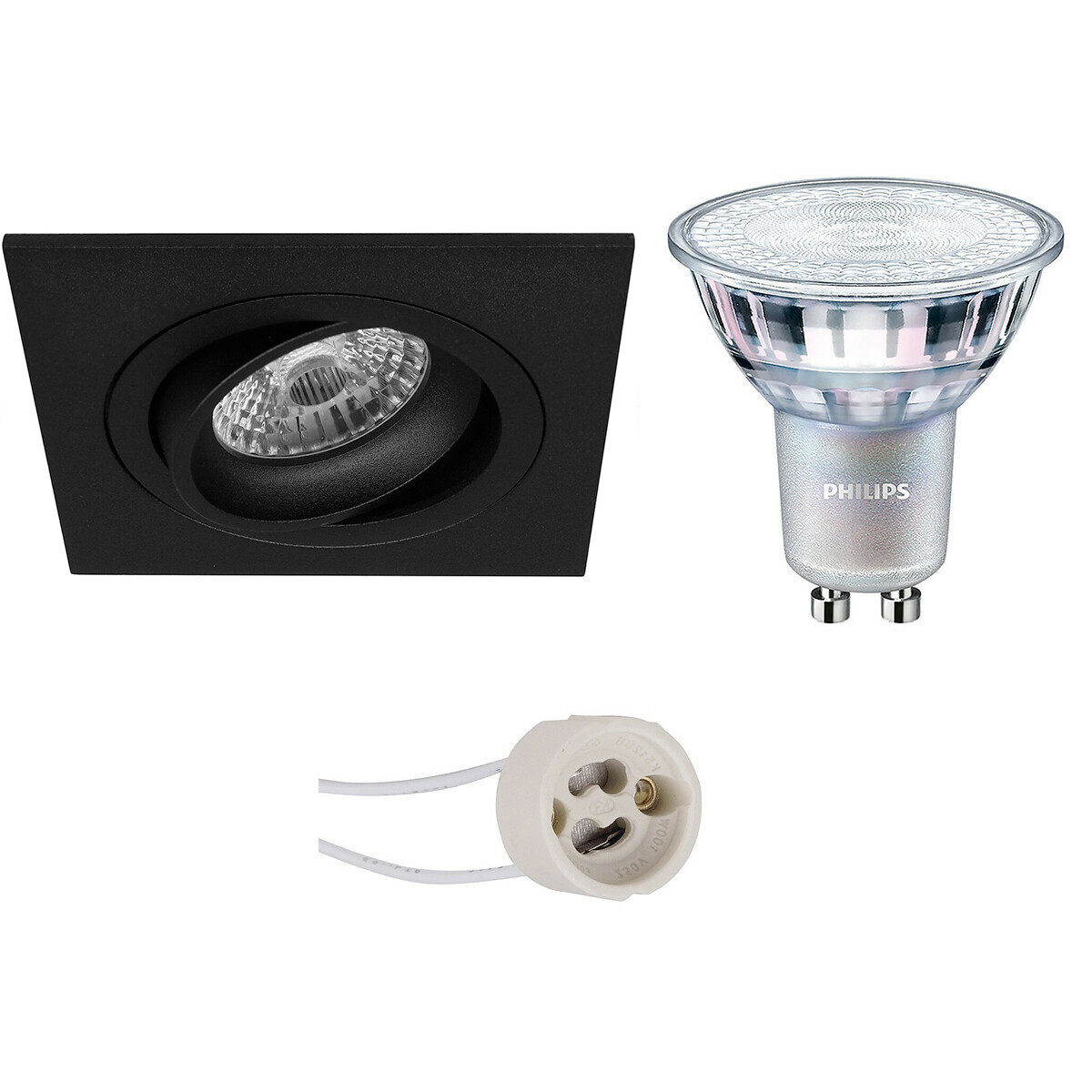 Set de spots LED - Pragmi Borny Pro - Douille GU10 - Carré Encastré - Mat Noir - Inclinable - 92mm - Philips - MASTER 927 36D VLE - 3.7W - Blanc Chaud 2200K-2700K - DimTone Dimmable