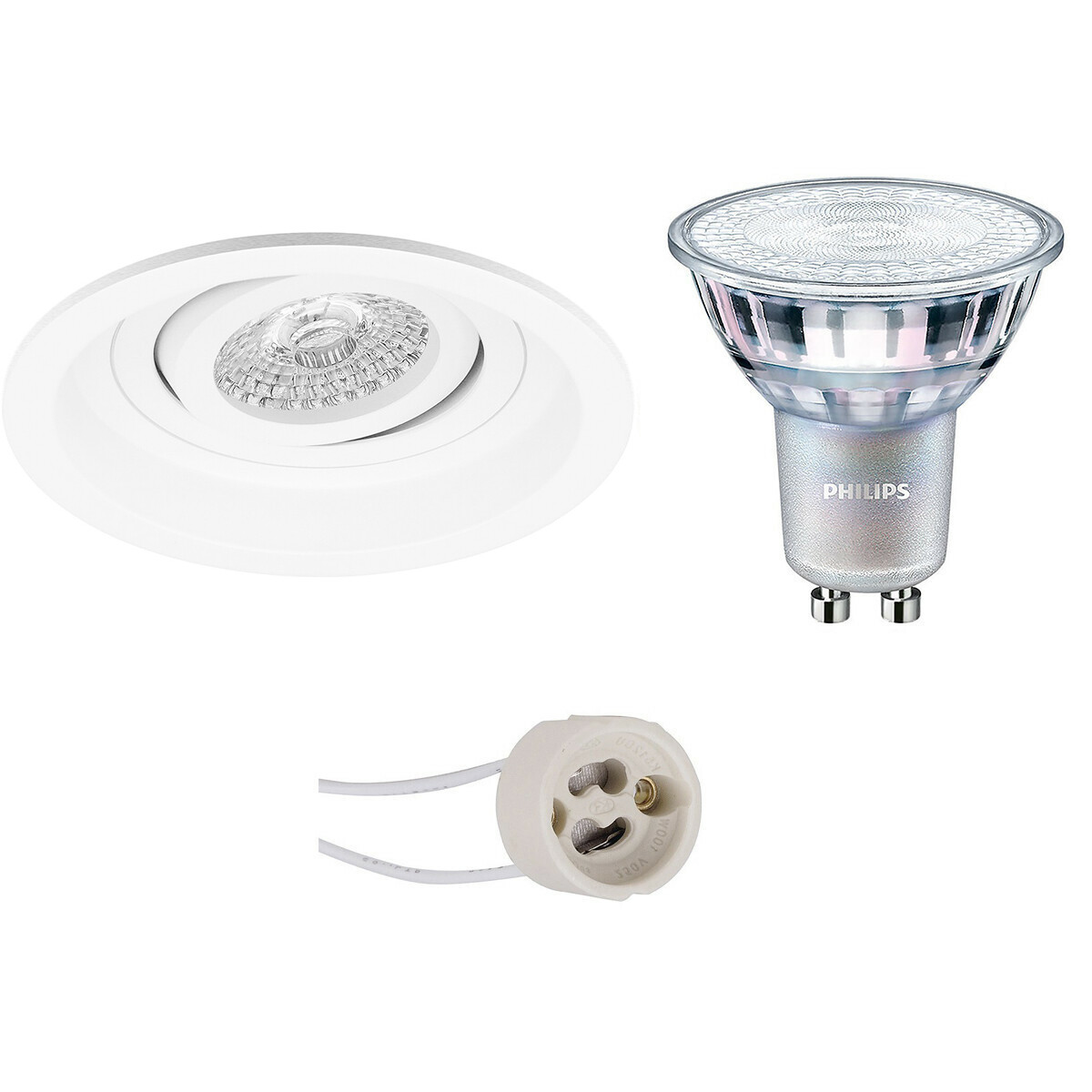 Set de spots LED - Pragmi Domy Pro - Douille GU10 - Rond Encastré - Mat Blanc - Encastré - Inclinable - Ø105mm - Philips - MASTER 927 36D VLE - 3.7W - Blanc Chaud 2200K-2700K - DimTone Dimmable