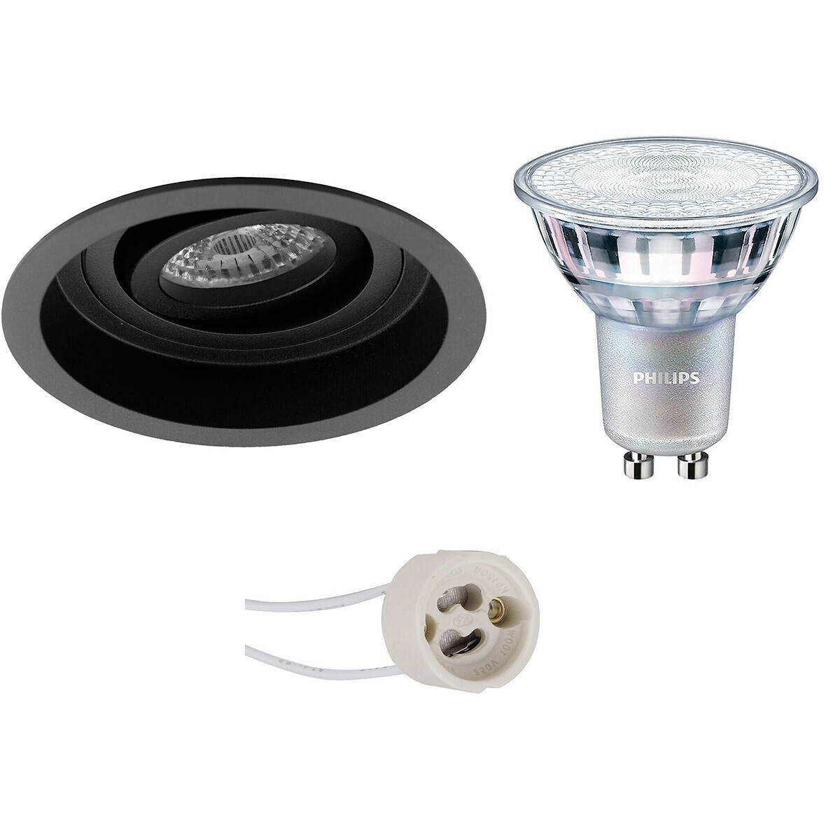 Set de spots LED - Pragmi Domy Pro - Douille GU10 - Rond Encastré - Mat Noir - Encastré - Inclinable - Ø105mm - Philips - MASTER 927 36D VLE - 3.7W - Blanc Chaud 2200K-2700K - DimTone Dimmable