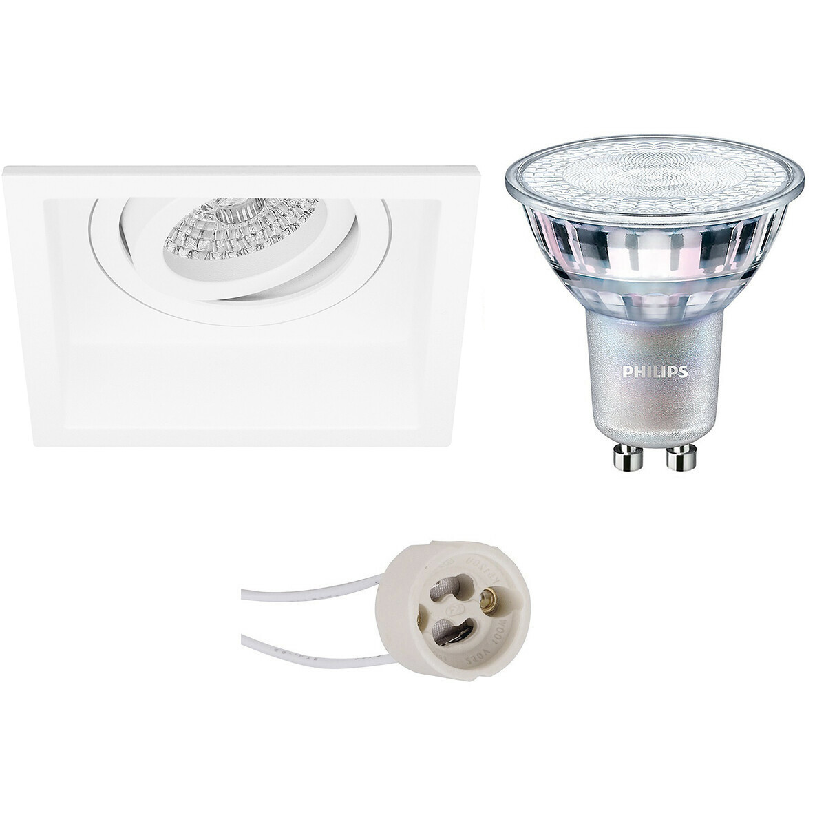 Set de spots LED - Pragmi Domy Pro - Douille GU10 - Carré Encastré - Mat Blanc - Encastré - Inclinable - 105mm - Philips - MASTER 927 36D VLE - 3.7W - Blanc Chaud 2200K-2700K - DimTone Dimmable