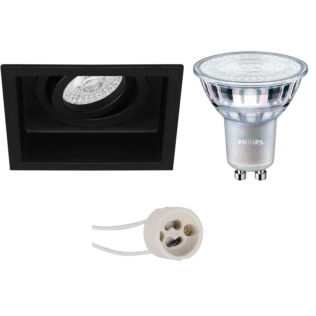 Set de spots LED - Pragmi Domy Pro - Douille GU10 - Carré Encastré - Mat Noir - Encastré - Inclinable - 105mm - Philips - MASTER 927 36D VLE - 3.7W - Blanc Chaud 2200K-2700K - DimTone Dimmable