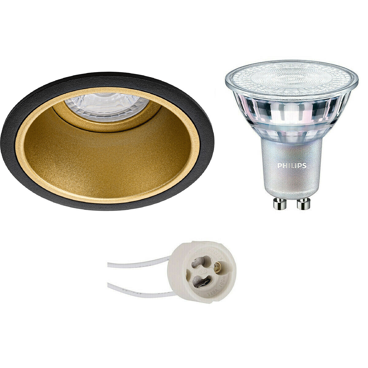 Set de spots LED - Pragmi Minko Pro - Douille GU10 - Rond Encastré - Mat Noir/Or - Encastré - Ø90mm - Philips - MASTER 927 36D VLE - 3.7W - Blanc Chaud 2200K-2700K - DimTone Dimmable