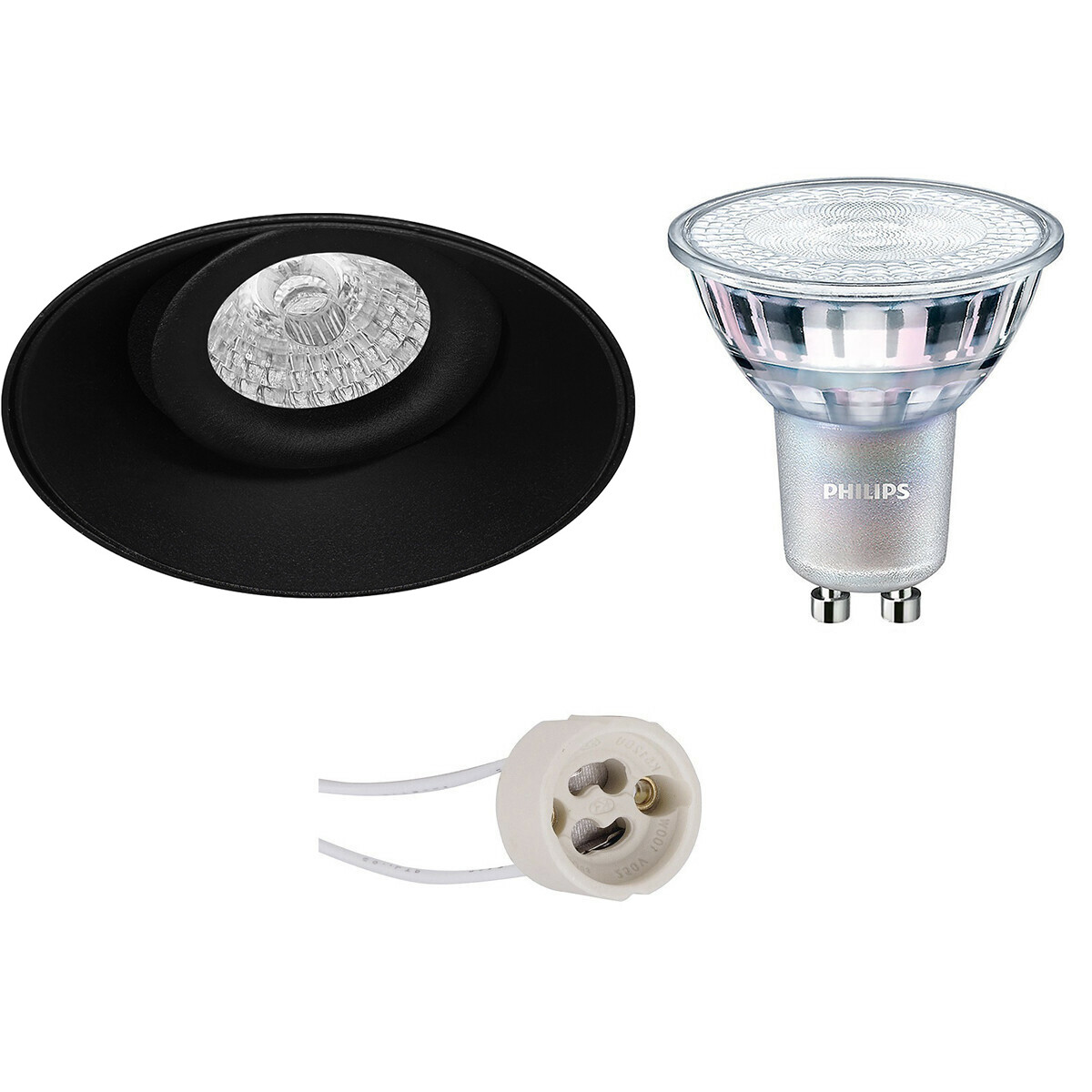 Set de spots LED - Pragmi Nivas Pro - Douille GU10 - Rond Encastré - Mat Noir - Sans Cadre - Inclinable - Ø150mm - Philips - MASTER 927 36D VLE - 3.7W - Blanc Chaud 2200K-2700K - DimTone Dimmable