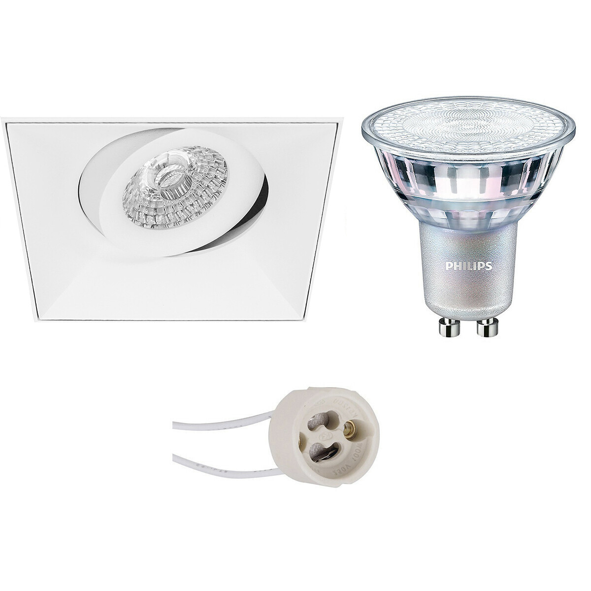 Set de spots LED - Pragmi Nivas Pro - Douille GU10 - Carré Encastré - Mat Blanc - Sans Cadre - Inclinable - 150mm - Philips - MASTER 927 36D VLE - 3.7W - Blanc Chaud 2200K-2700K - DimTone Dimmable