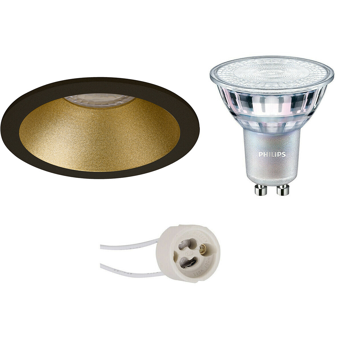 Set de spots LED - Pragmi Pollon Pro - Douille GU10 - Rond Encastré - Mat Noir/Or - Encastré - Ø82mm - Philips - MASTER 927 36D VLE - 3.7W - Blanc Chaud 2200K-2700K - DimTone Dimmable