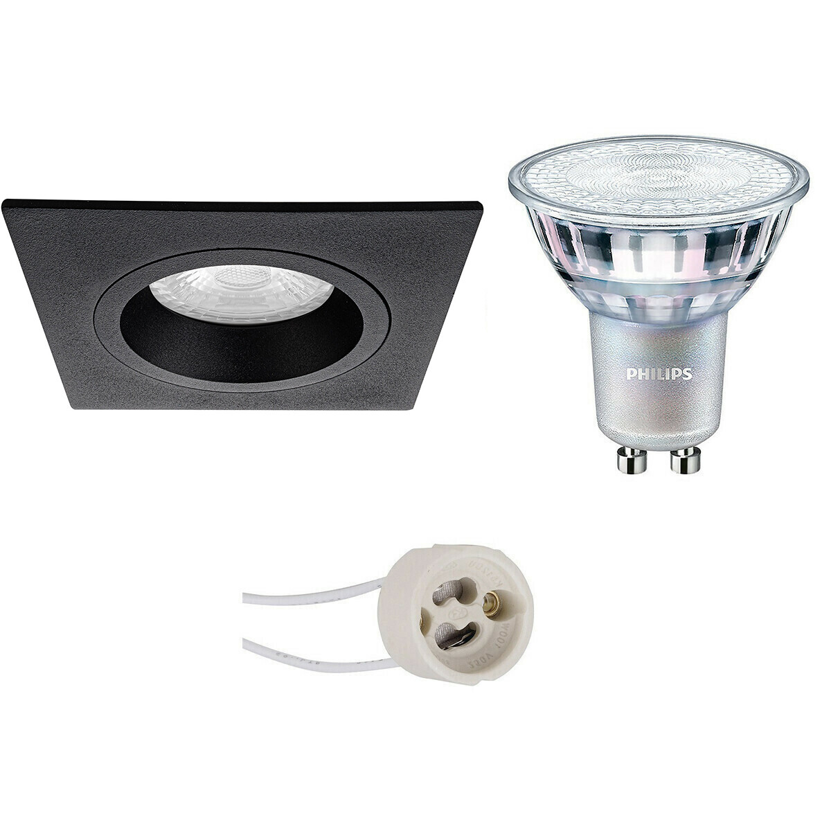 Set de spots LED - Pragmi Rodos Pro - Douille GU10 - Carré Encastré - Mat Noir - 93mm - Philips - MASTER 927 36D VLE - 3.7W - Blanc Chaud 2200K-2700K - DimTone Dimmable