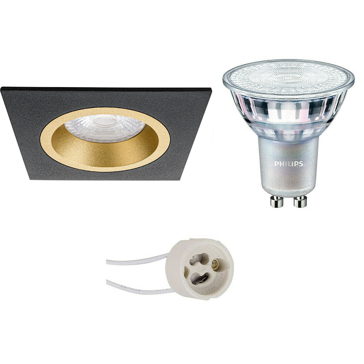 Set de spots LED - Pragmi Rodos Pro - Douille GU10 - Carré Encastré - Mat Noir/Or - 93mm - Philips - MASTER 927 36D VLE - 3.7W - Blanc Chaud 2200K-2700K - DimTone Dimmable