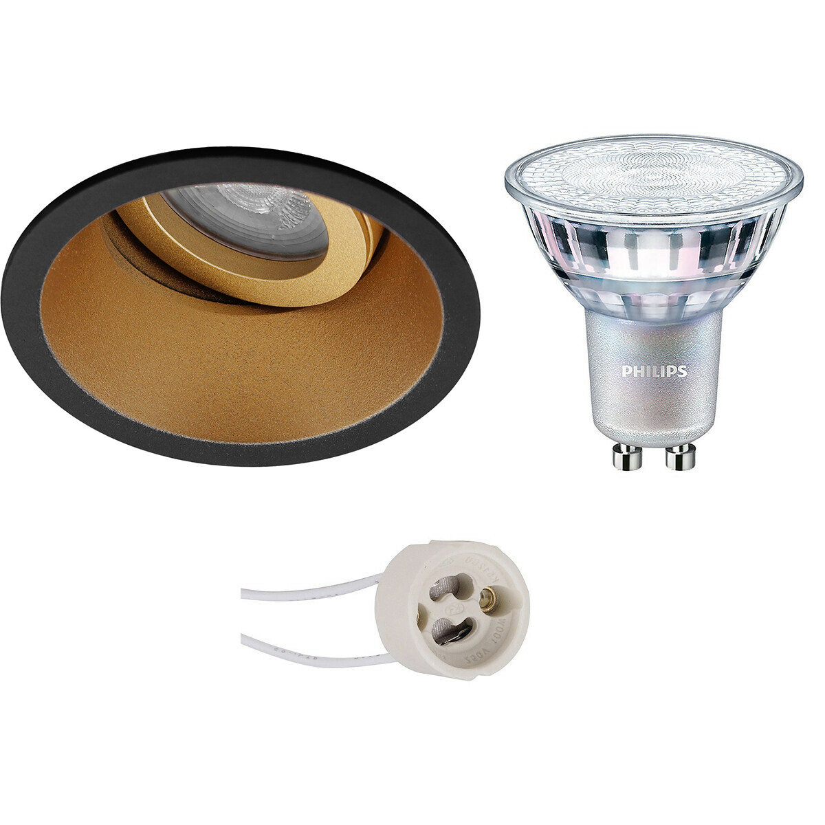 Set de spots LED - Pragmi Zano Pro - Douille GU10 - Rond Encastré - Mat Noir/Or - Inclinable - Ø93mm - Philips - MASTER 927 36D VLE - 3.7W - Blanc Chaud 2200K-2700K - DimTone Dimmable