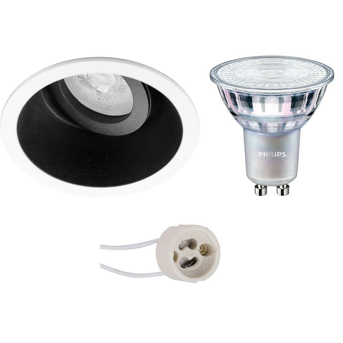 Set de spots LED - Pragmi Zano Pro - Douille GU10 - Rond Encastré - Mat Noir/Blanc - Inclinable - Ø93mm - Philips - MASTER 927 36D VLE - 3.7W - Blanc Chaud 2200K-2700K - DimTone Dimmable