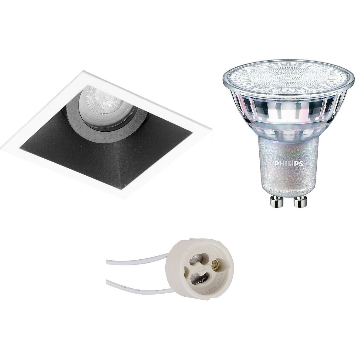 Set de spots LED - Pragmi Zano Pro - Douille GU10 - Carré Encastré - Mat Noir/Blanc - Inclinable - 93mm - Philips - MASTER 927 36D VLE - 3.7W - Blanc Chaud 2200K-2700K - DimTone Dimmable